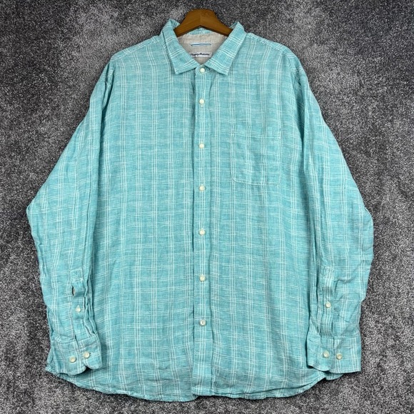 Tommy Bahama Linen Shirt Men's XXL Blue Button‎ Up Beach Hawaiian Plaid Casual - Picture 1 of 8